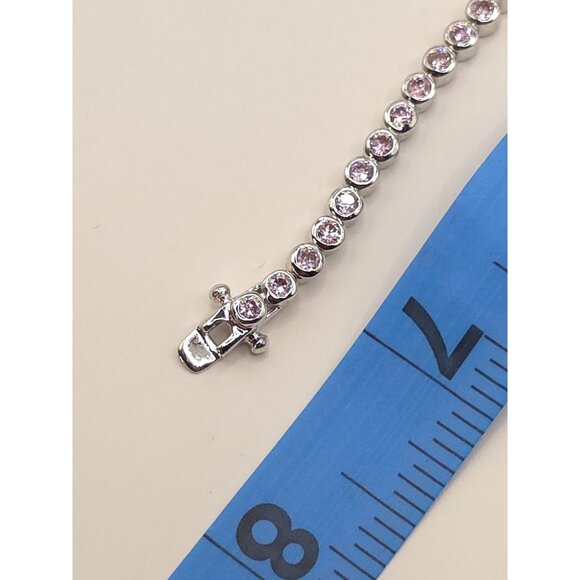 Silver Tone Tennis Bracelet With Pink CZ Stones & Secure Clasp - Picture 6 of 11